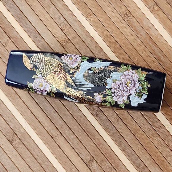 DARK BLUE & GOLD JAPANESE VASE-PEACOCKS & PINK FLOWERS-9 1/2" TALL - Picture 16 of 16